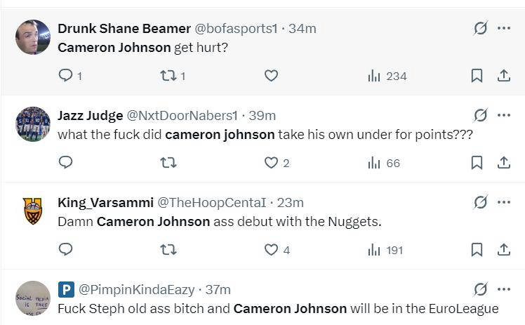 掘金新援卡梅伦-约翰逊表现低迷，遭到多方批评